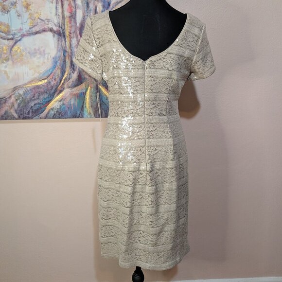 NEW Donna Ricco Knee-Length Sheath Dress, Cap Sleeve Taupe Lace & Sequin Overlay - Picture 6 of 15